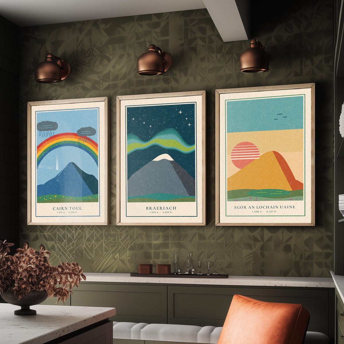 Cairngorm 4000ft Munro Set of Three Art Prints - Cairn Toul, Braeriach, Sgor an Lochain Uaine - Linocut Style Poster Illustration V1