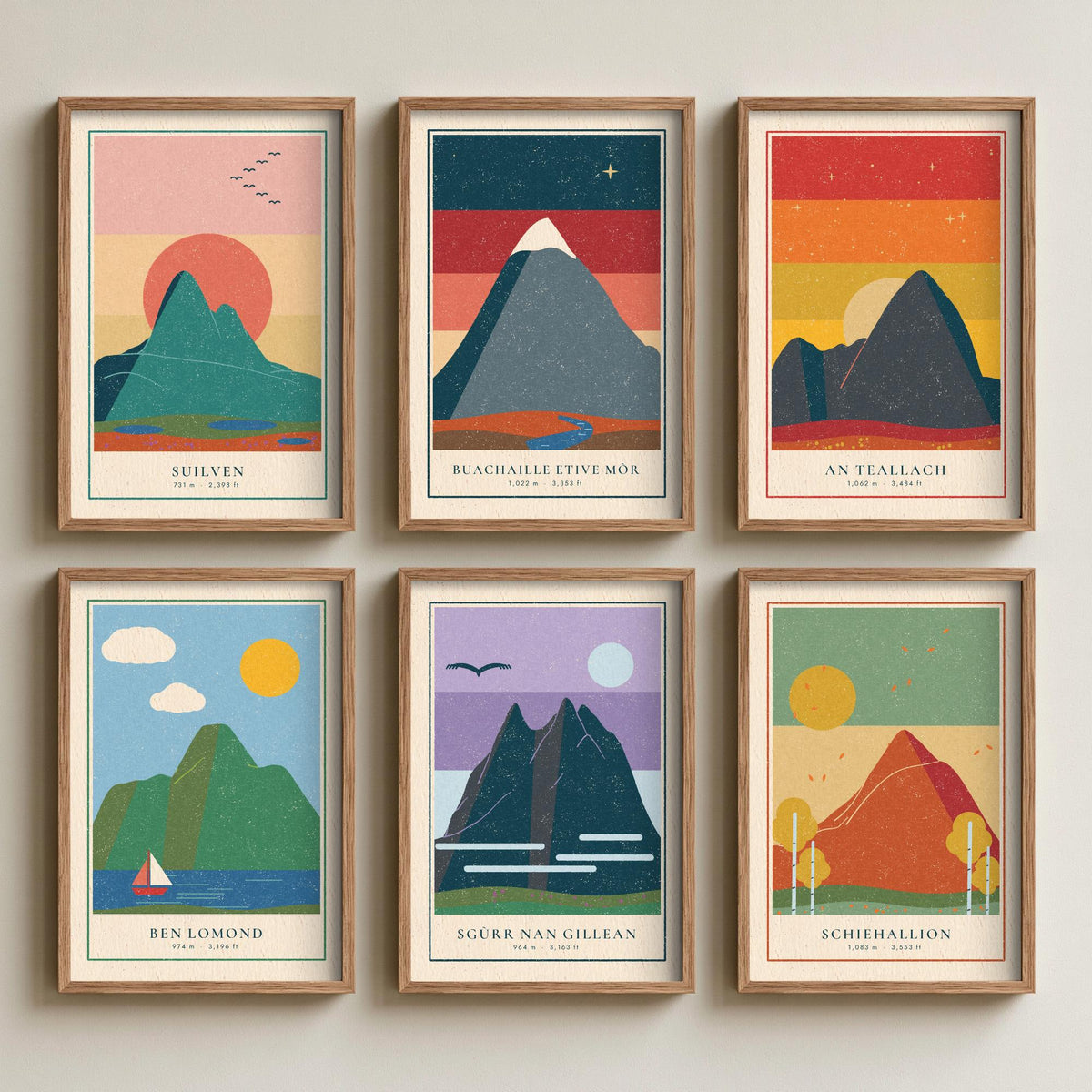 Set of Six Scottish Mountain Art Prints - 6 Linocut Illustration Posters - Suilven, Buachaille, An Teallach, Ben Lomond, Schiehallion