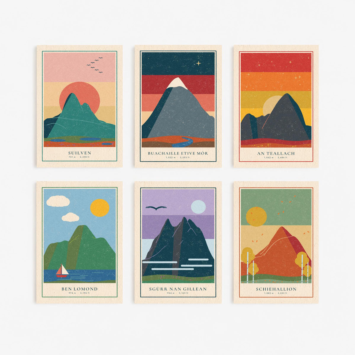 Set of Six Scottish Mountain Art Prints - 6 Linocut Illustration Posters - Suilven, Buachaille, An Teallach, Ben Lomond, Schiehallion