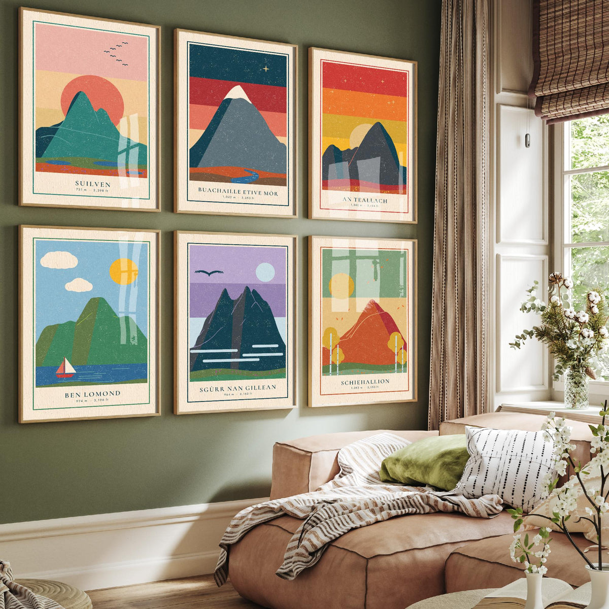 Set of Six Scottish Mountain Art Prints - 6 Linocut Illustration Posters - Suilven, Buachaille, An Teallach, Ben Lomond, Schiehallion