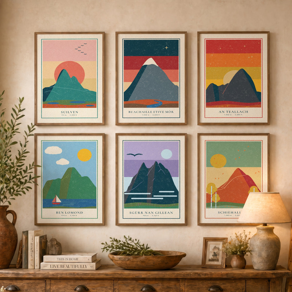 Set of Six Scottish Mountain Art Prints - 6 Linocut Illustration Posters - Suilven, Buachaille, An Teallach, Ben Lomond, Schiehallion