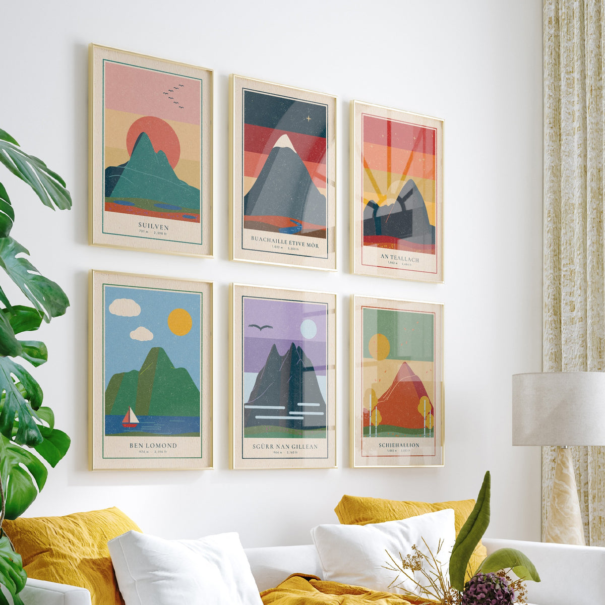 Set of Six Scottish Mountain Art Prints - 6 Linocut Illustration Posters - Suilven, Buachaille, An Teallach, Ben Lomond, Schiehallion