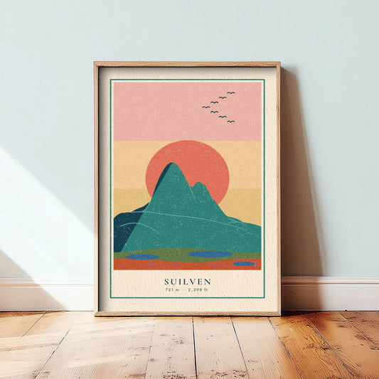 Suilven Art Print - Assynt Coral Sun Poster - Sutherland Mountain Linocut Style Illustration V1 1/3