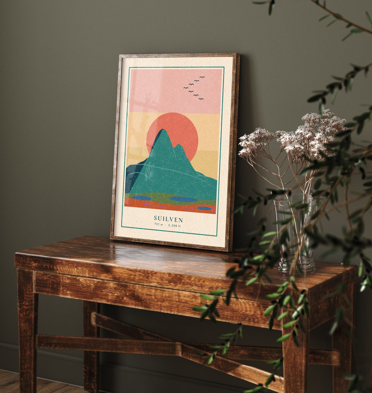 Suilven Art Print - Assynt Coral Sun Poster - Sutherland Mountain Linocut Style Illustration V1 1/3