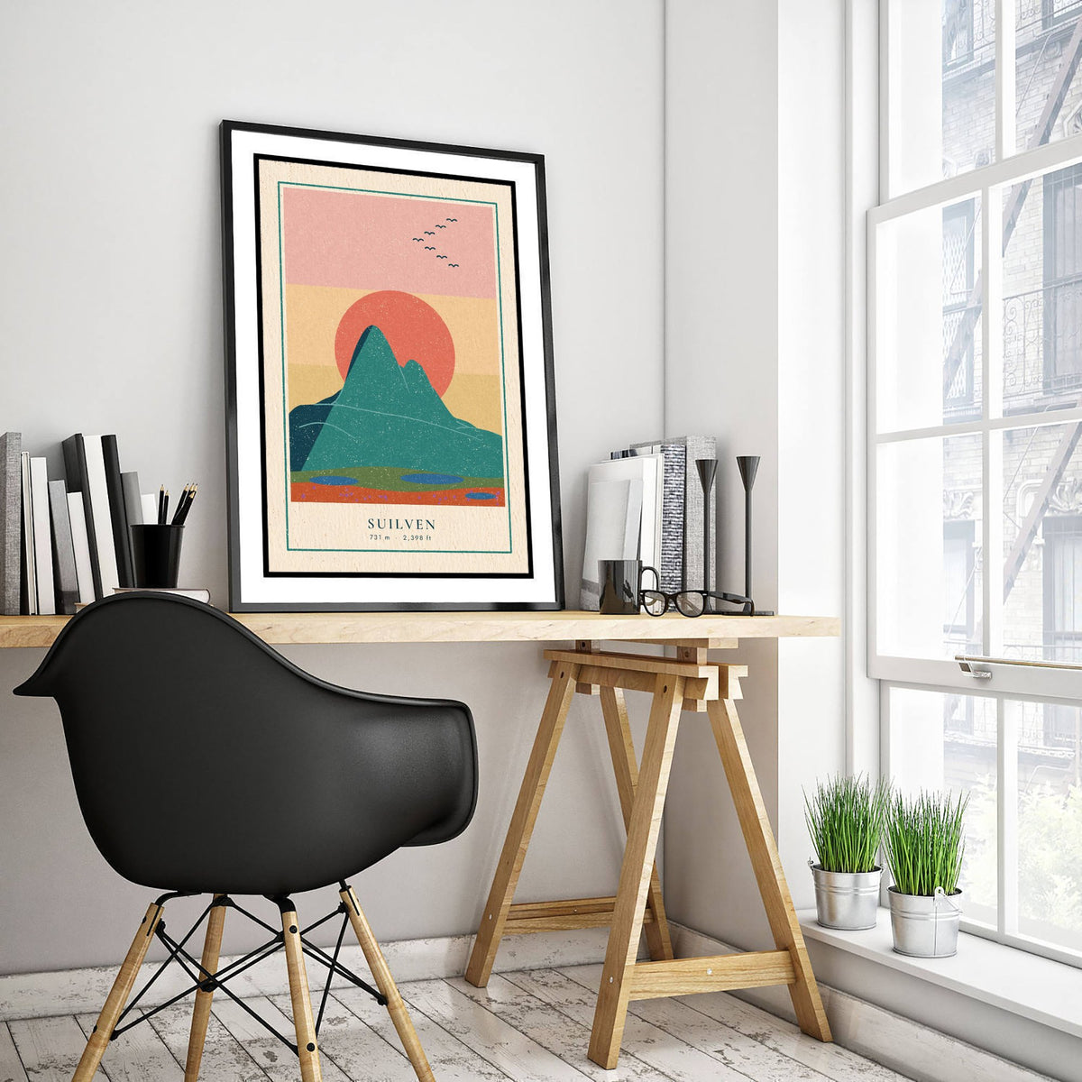 Suilven Art Print - Assynt Coral Sun Poster - Sutherland Mountain Linocut Style Illustration V1 1/3