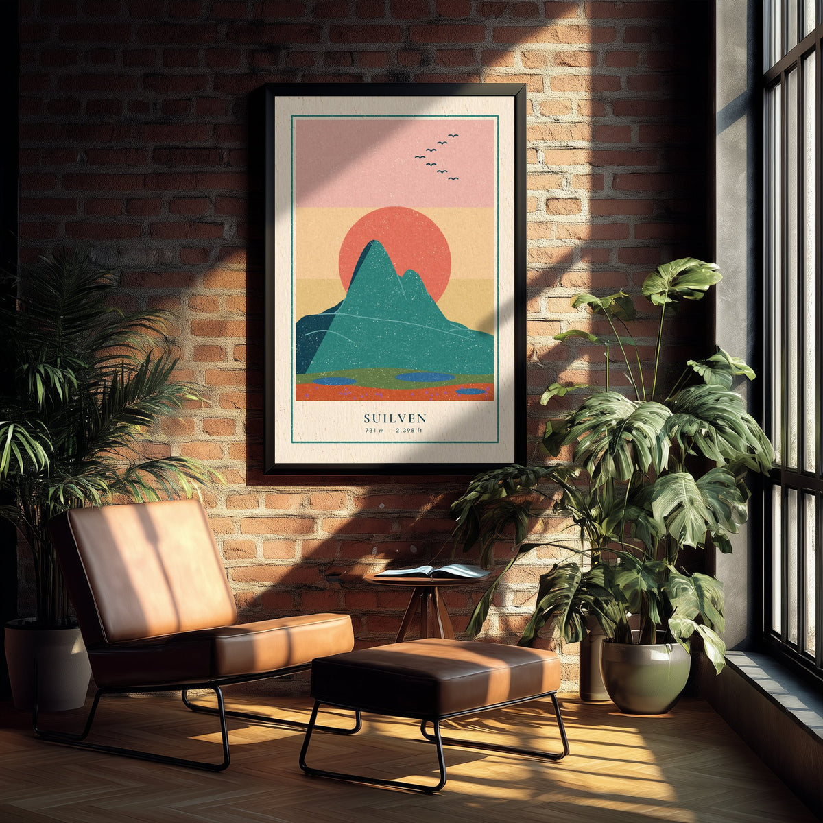 Suilven Art Print - Assynt Coral Sun Poster - Sutherland Mountain Linocut Style Illustration V1 1/3