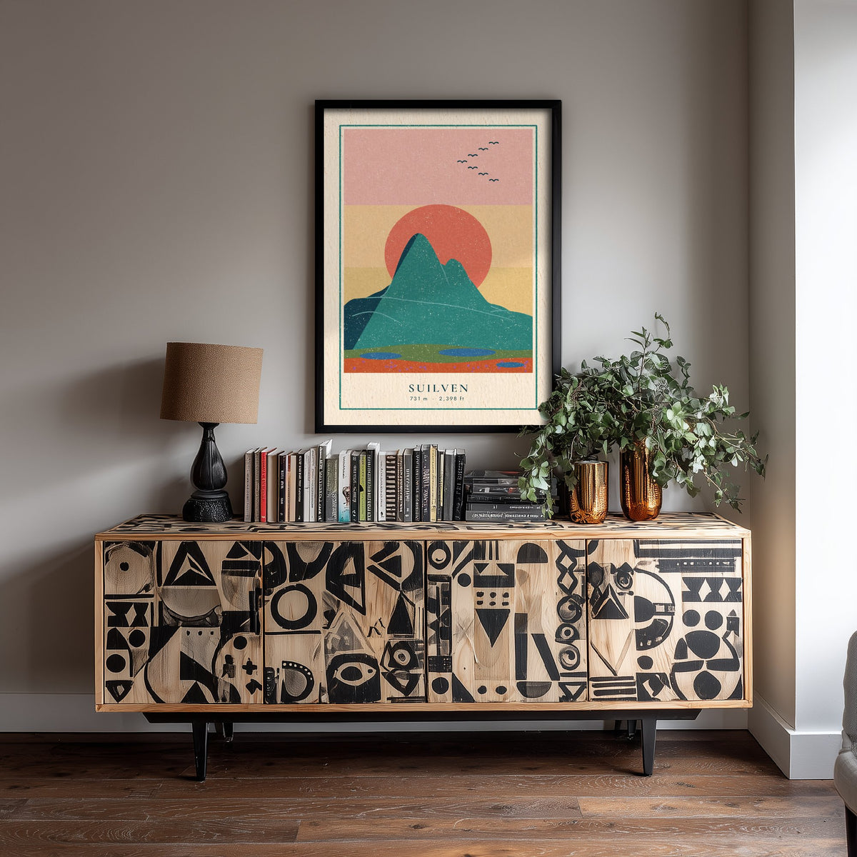 Suilven Art Print - Assynt Coral Sun Poster - Sutherland Mountain Linocut Style Illustration V1 1/3