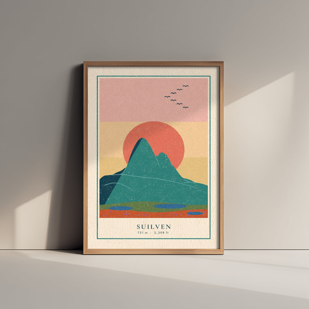 Suilven Art Print - Assynt Coral Sun Poster - Sutherland Mountain Linocut Style Illustration V1 1/3