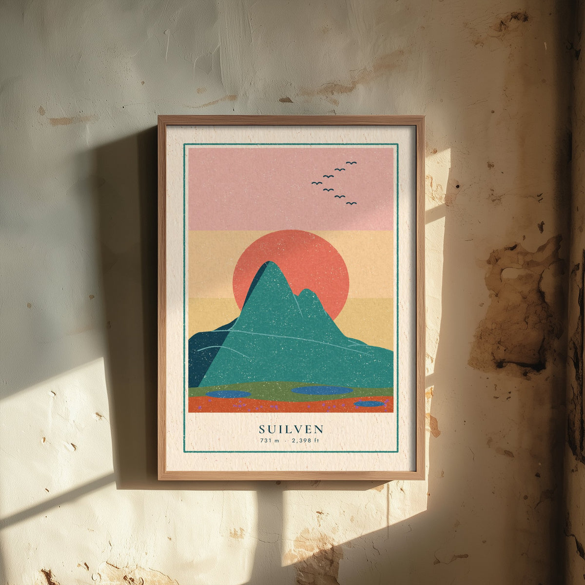 Suilven Art Print - Assynt Coral Sun Poster - Sutherland Mountain Linocut Style Illustration V1 1/3