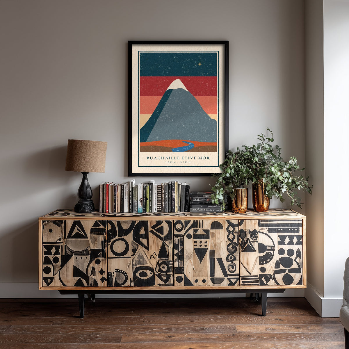 Buachaille Etive Mor Poster - Glencoe Dusk Art Print - Striped Sky Scottish Mountain Linocut Illustration V1 2/3
