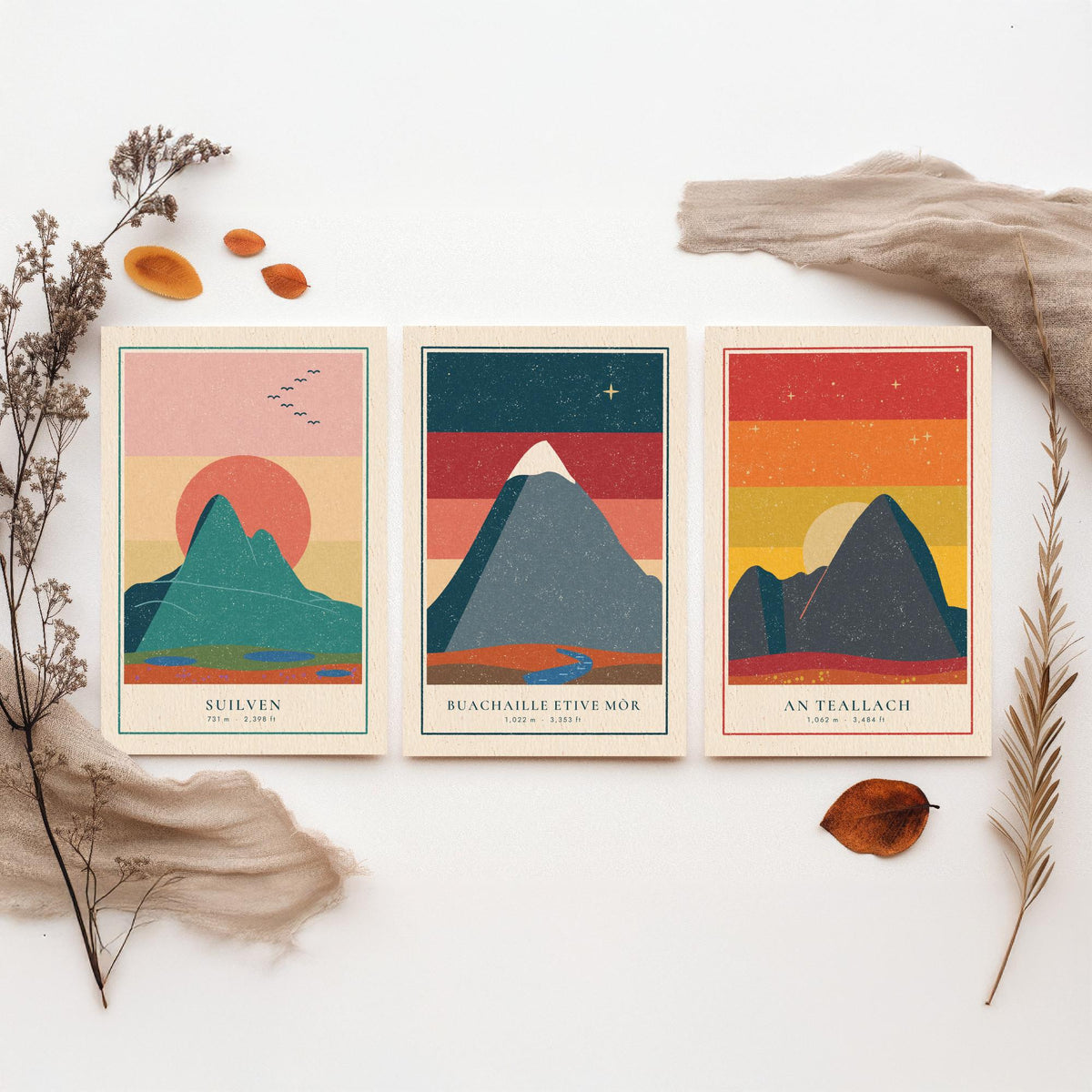 Iconic Scottish Mountain Set of Three Art Prints - Suilven, Buachaille Etive Mor, An Teallach - Linocut Style Poster Illustration V1