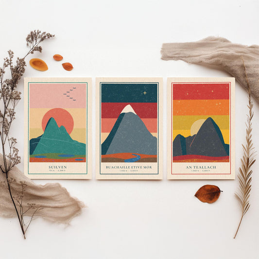 Iconic Scottish Mountain Set of Three Art Prints - Suilven, Buachaille Etive Mor, An Teallach - Linocut Style Poster Illustration V1