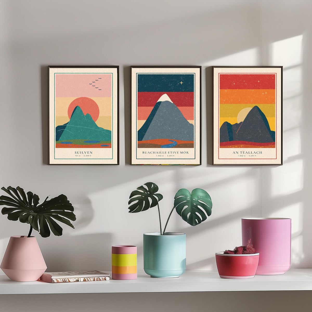 Iconic Scottish Mountain Set of Three Art Prints - Suilven, Buachaille Etive Mor, An Teallach - Linocut Style Poster Illustration V1