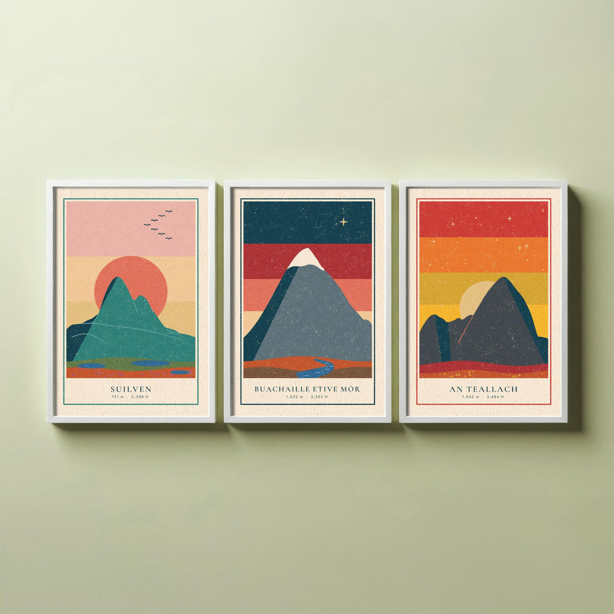 Iconic Scottish Mountain Set of Three Art Prints - Suilven, Buachaille Etive Mor, An Teallach - Linocut Style Poster Illustration V1