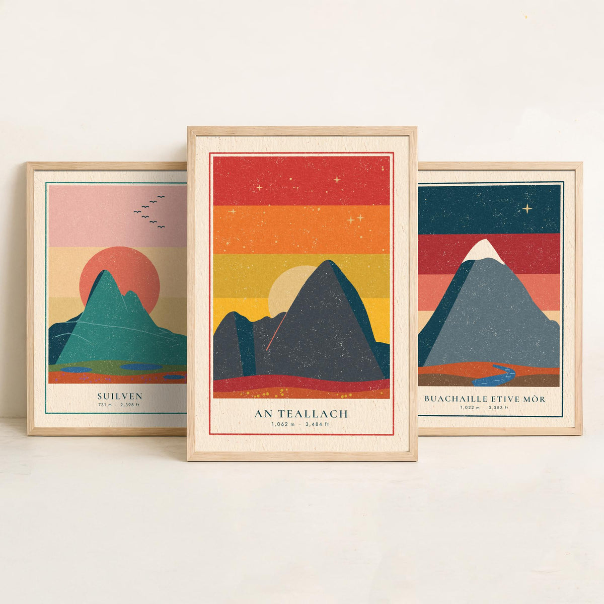 Iconic Scottish Mountain Set of Three Art Prints - Suilven, Buachaille Etive Mor, An Teallach - Linocut Style Poster Illustration V1