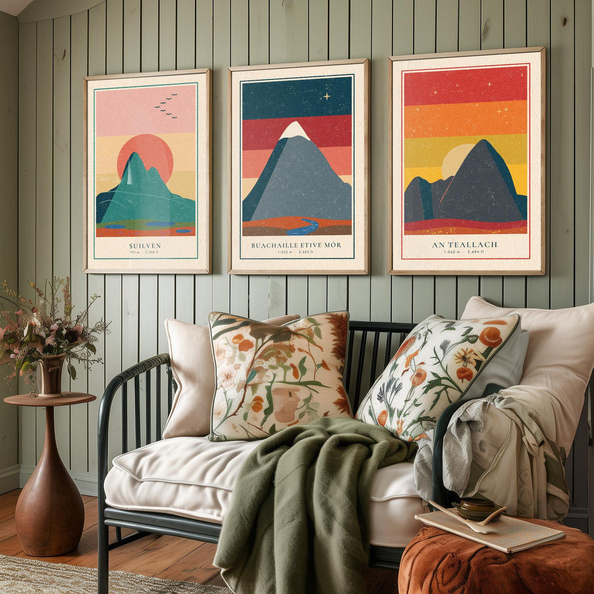 Iconic Scottish Mountain Set of Three Art Prints - Suilven, Buachaille Etive Mor, An Teallach - Linocut Style Poster Illustration V1
