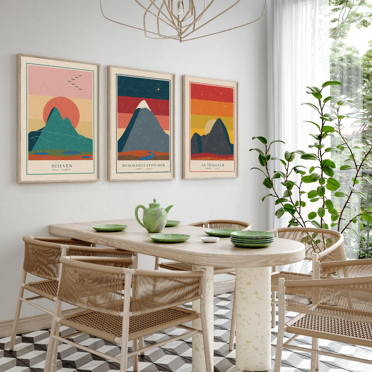 Iconic Scottish Mountain Set of Three Art Prints - Suilven, Buachaille Etive Mor, An Teallach - Linocut Style Poster Illustration V1