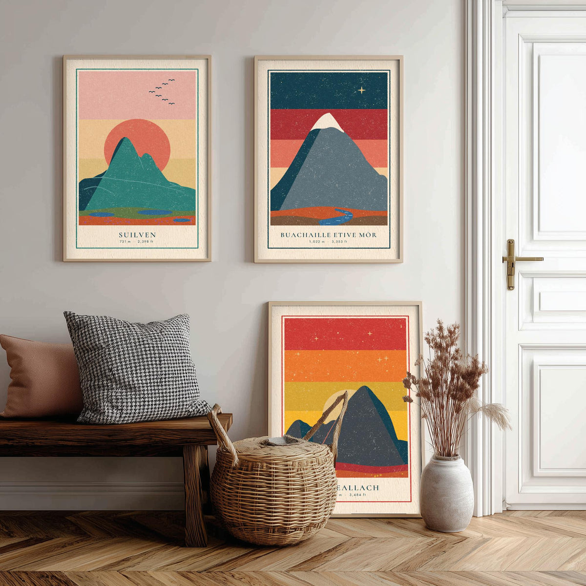 Iconic Scottish Mountain Set of Three Art Prints - Suilven, Buachaille Etive Mor, An Teallach - Linocut Style Poster Illustration V1