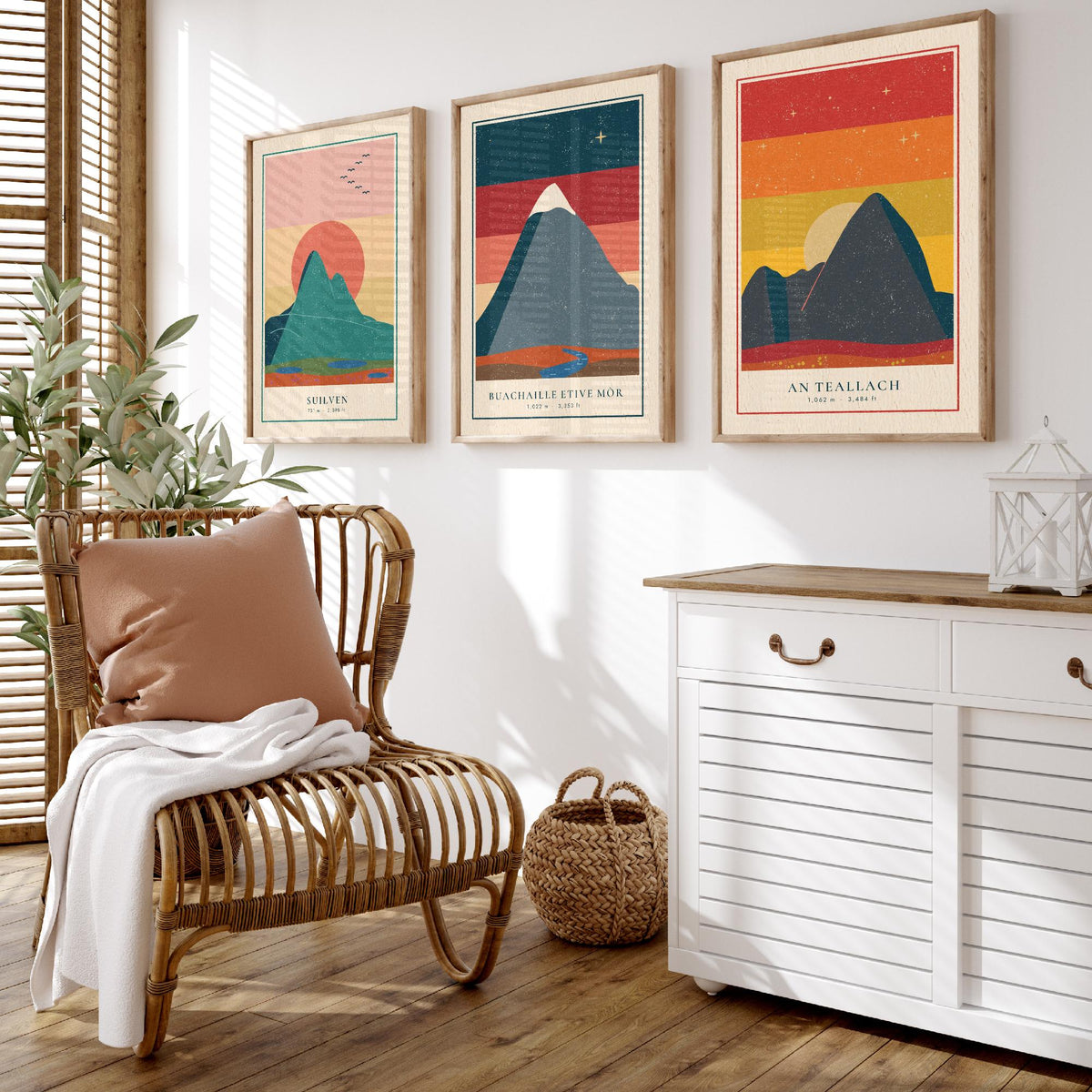 Iconic Scottish Mountain Set of Three Art Prints - Suilven, Buachaille Etive Mor, An Teallach - Linocut Style Poster Illustration V1