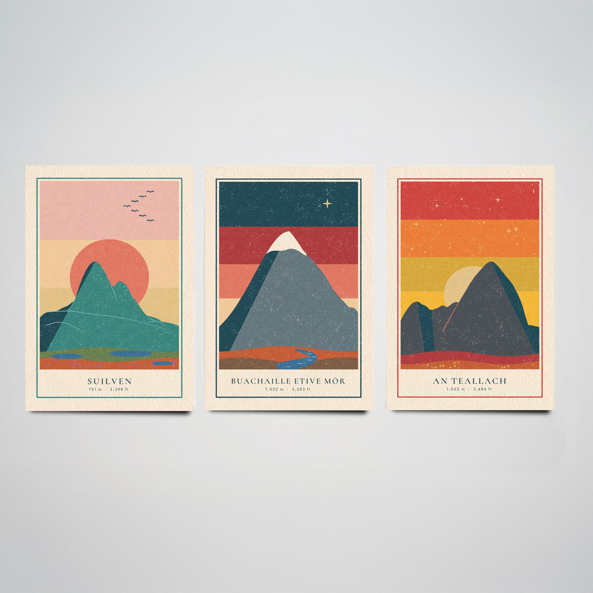 Iconic Scottish Mountain Set of Three Art Prints - Suilven, Buachaille Etive Mor, An Teallach - Linocut Style Poster Illustration V1