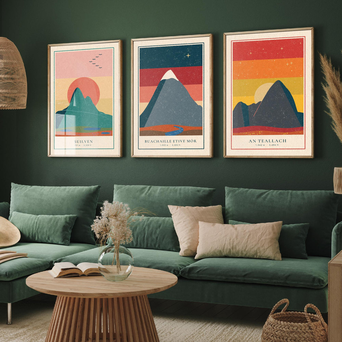 Iconic Scottish Mountain Set of Three Art Prints - Suilven, Buachaille Etive Mor, An Teallach - Linocut Style Poster Illustration V1