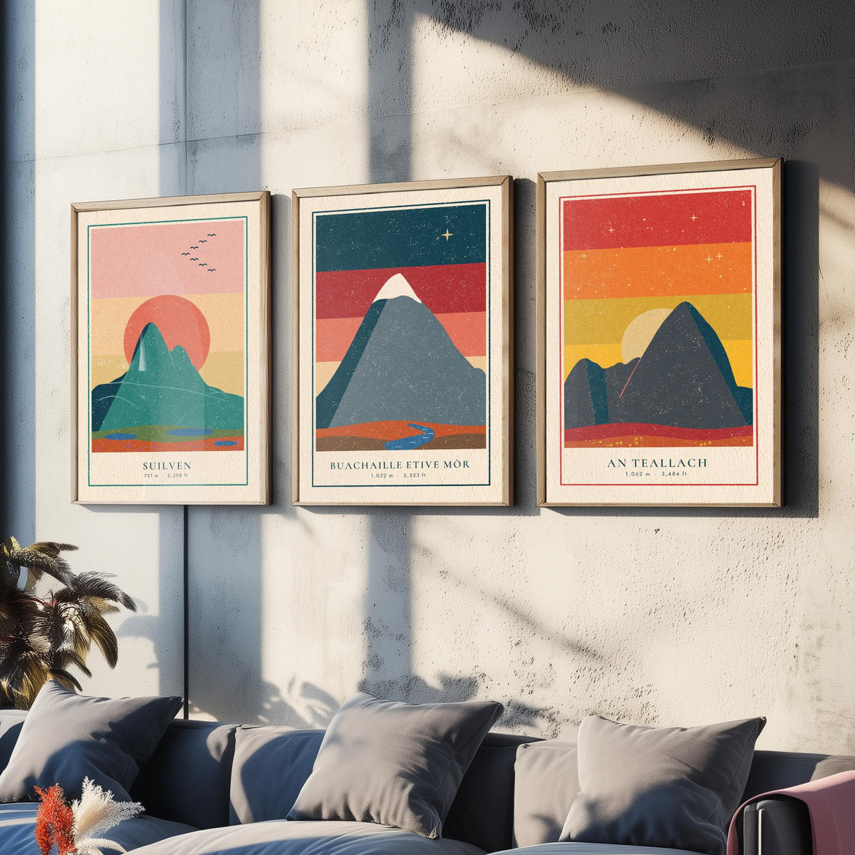 Iconic Scottish Mountain Set of Three Art Prints - Suilven, Buachaille Etive Mor, An Teallach - Linocut Style Poster Illustration V1