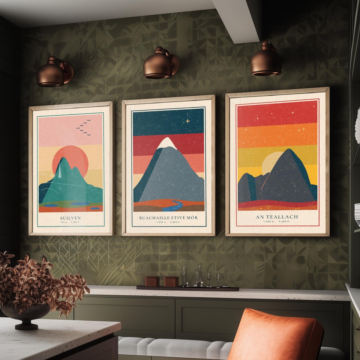 Iconic Scottish Mountain Set of Three Art Prints - Suilven, Buachaille Etive Mor, An Teallach - Linocut Style Poster Illustration V1