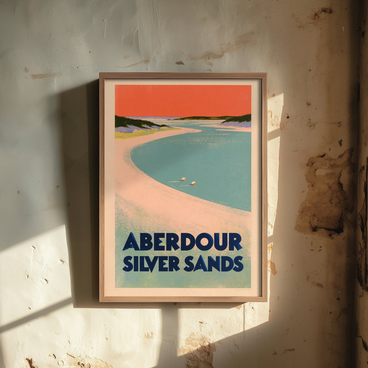 Aberdour Silver Sands Wild Swimming Travel Poster - Scotland Art Print - Peach Sky Art Deco Illustration - Fife Swim