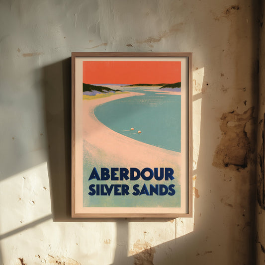 Aberdour Silver Sands Wild Swimming Travel Poster - Scotland Art Print - Peach Sky Art Deco Illustration - Fife Swim