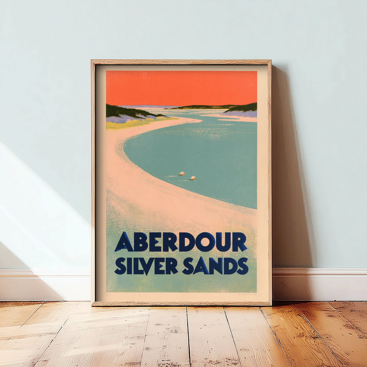 Aberdour Silver Sands Wild Swimming Travel Poster - Scotland Art Print - Peach Sky Art Deco Illustration - Fife Swim