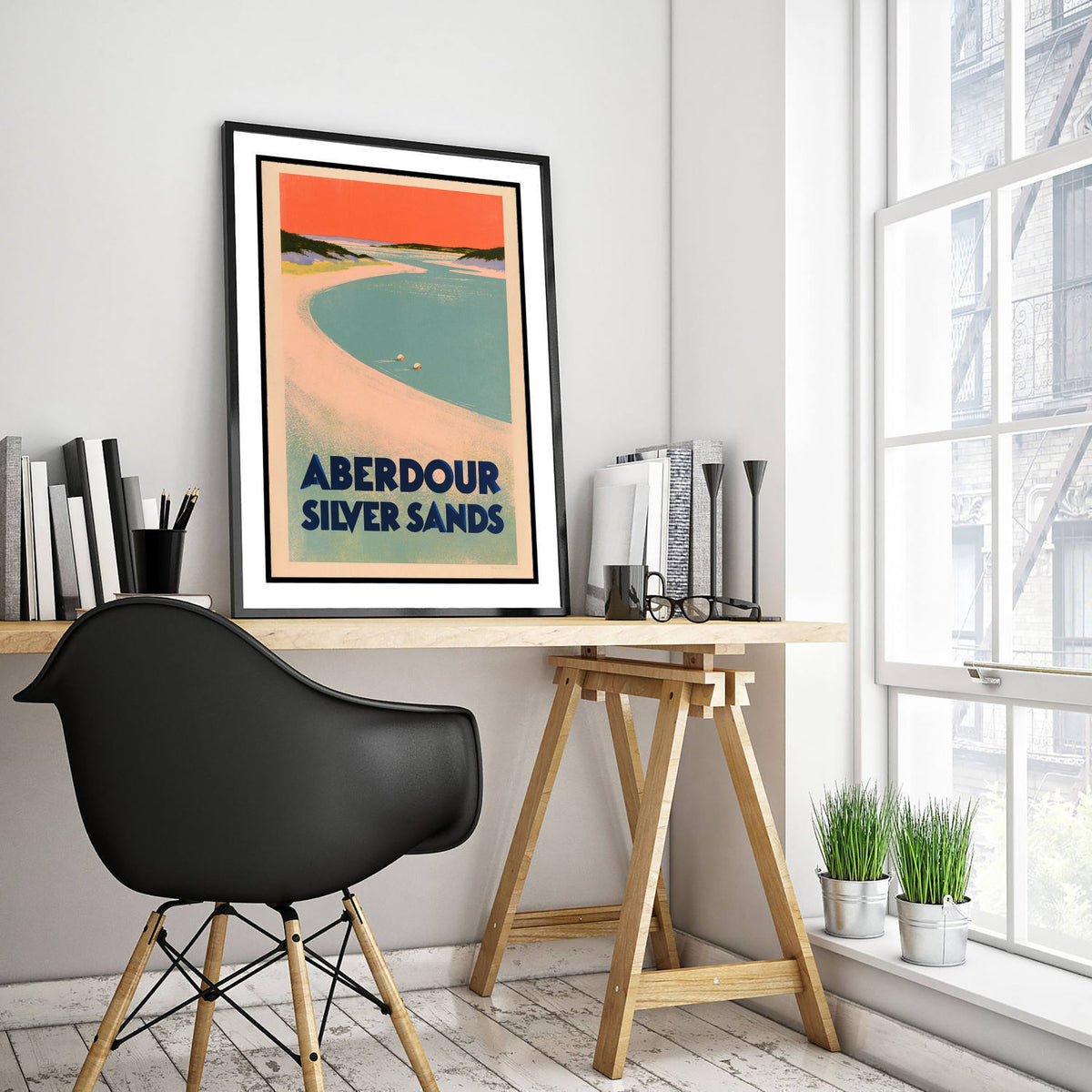 Aberdour Silver Sands Wild Swimming Travel Poster - Scotland Art Print - Peach Sky Art Deco Illustration - Fife Swim