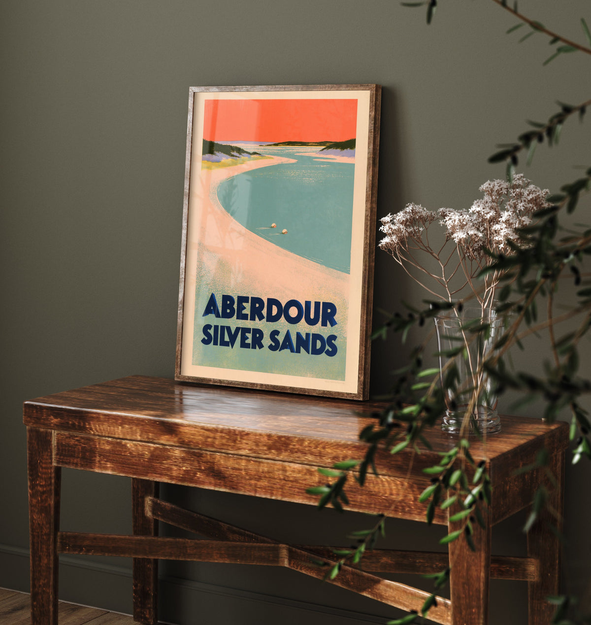 Aberdour Silver Sands Wild Swimming Travel Poster - Scotland Art Print - Peach Sky Art Deco Illustration - Fife Swim