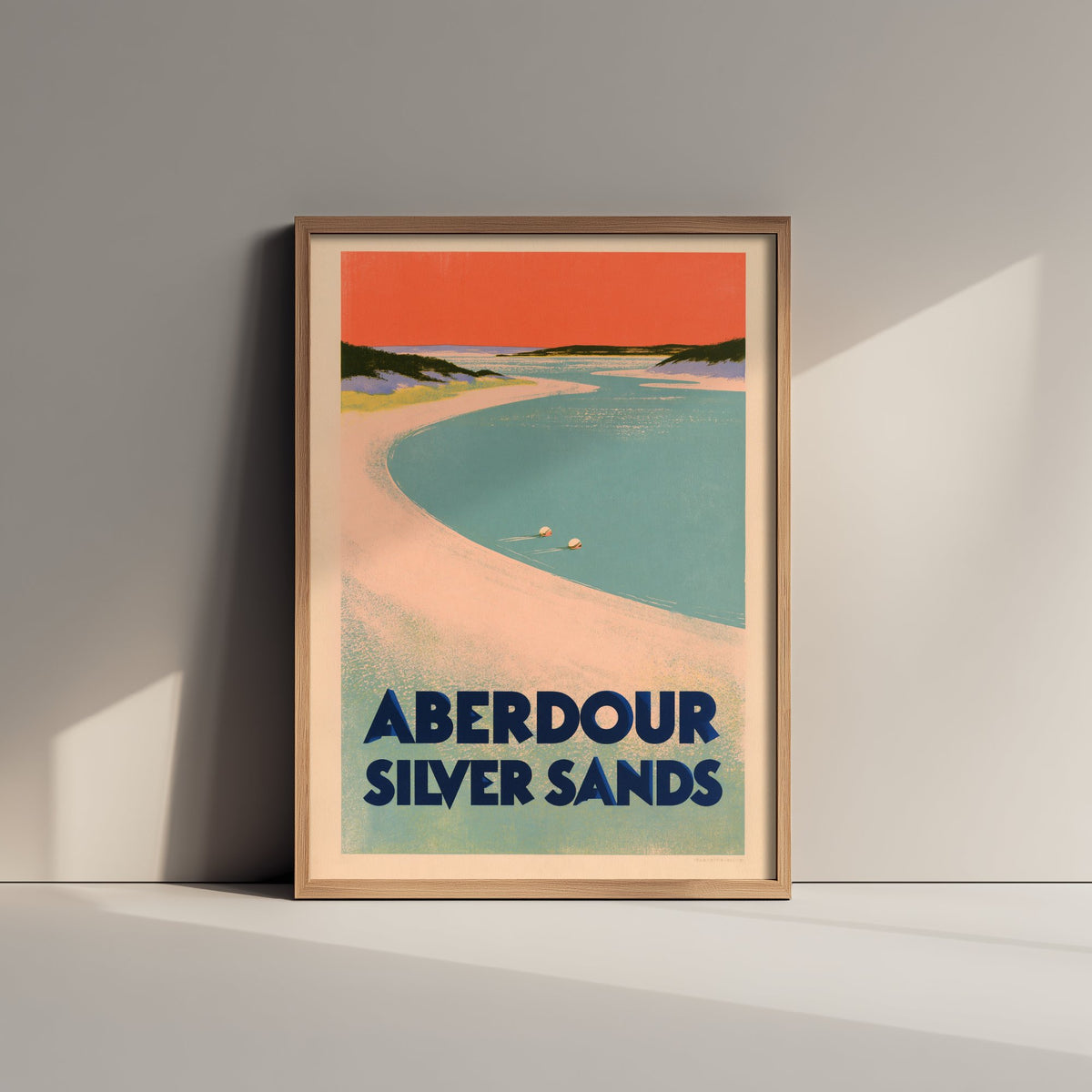 Aberdour Silver Sands Wild Swimming Travel Poster - Scotland Art Print - Peach Sky Art Deco Illustration - Fife Swim