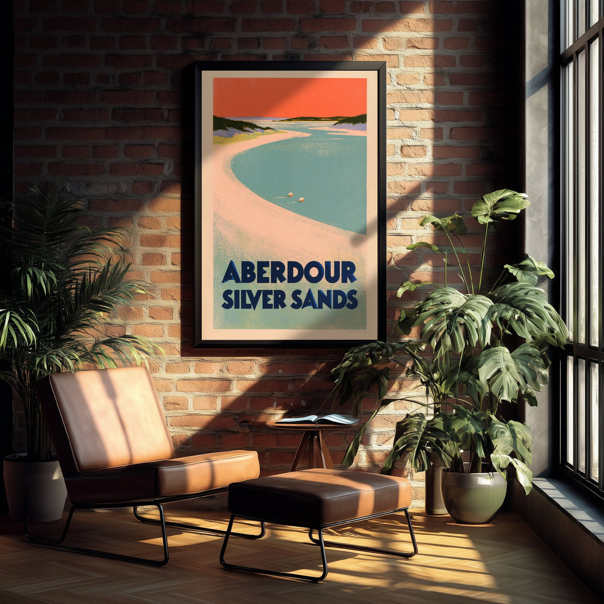 Aberdour Silver Sands Wild Swimming Travel Poster - Scotland Art Print - Peach Sky Art Deco Illustration - Fife Swim