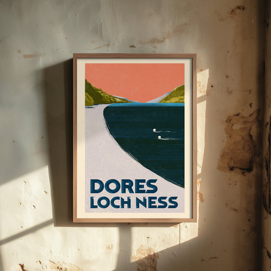Dores, Loch Ness Wild Swimming Travel Poster - Scotland Art Print - Peach Sky Art Deco Illustration - Highlands Swim