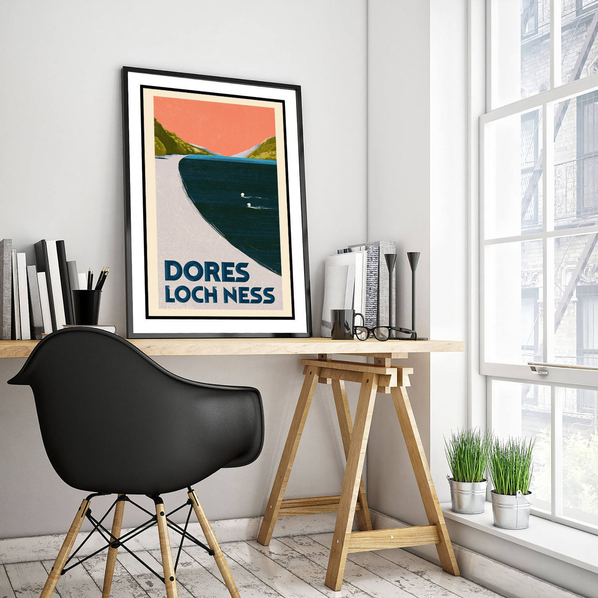 Dores, Loch Ness Wild Swimming Travel Poster - Scotland Art Print - Peach Sky Art Deco Illustration - Highlands Swim