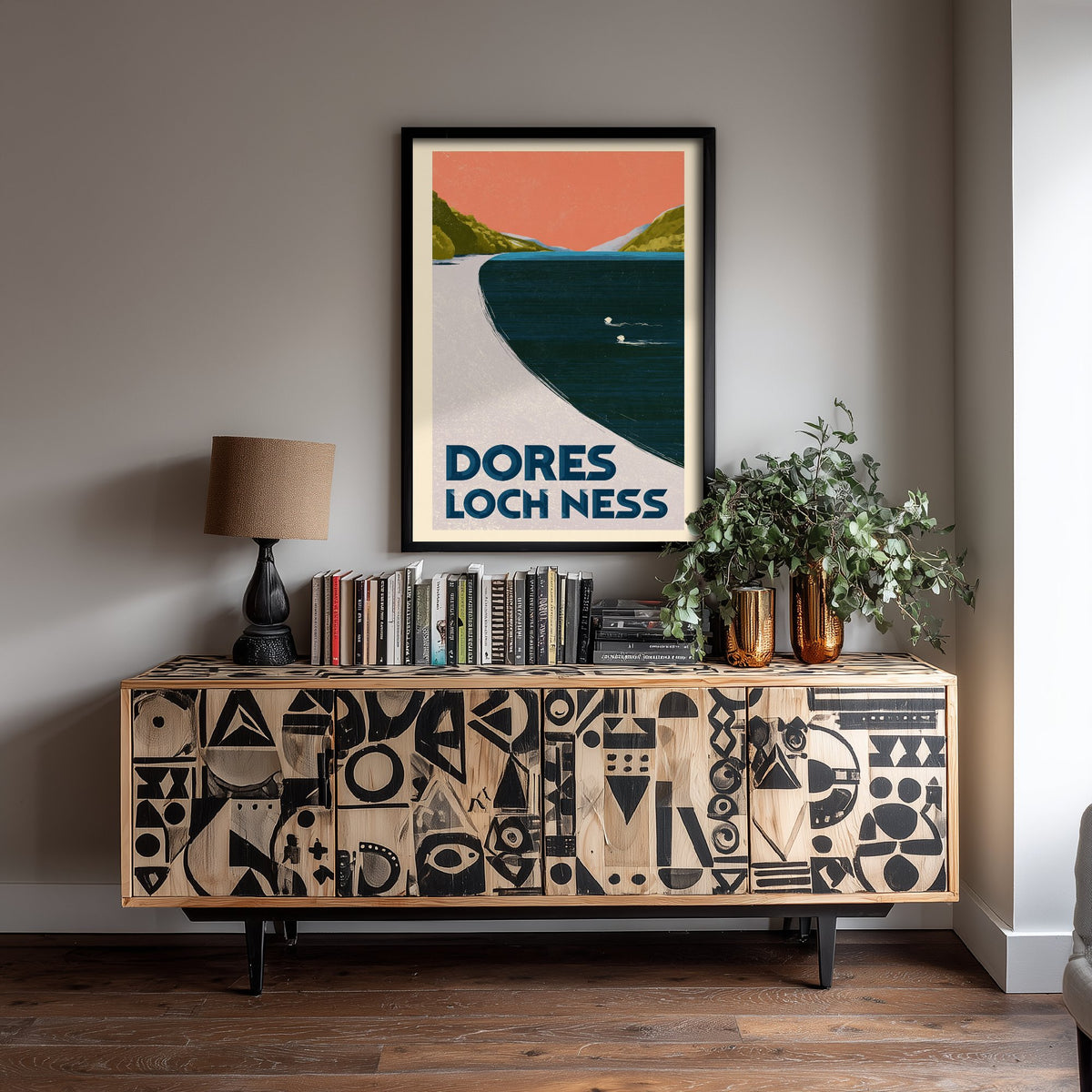 Dores, Loch Ness Wild Swimming Travel Poster - Scotland Art Print - Peach Sky Art Deco Illustration - Highlands Swim