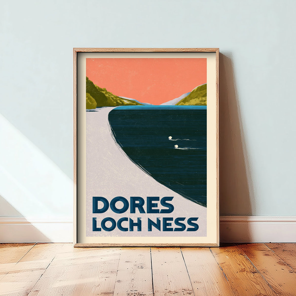Dores, Loch Ness Wild Swimming Travel Poster - Scotland Art Print - Peach Sky Art Deco Illustration - Highlands Swim