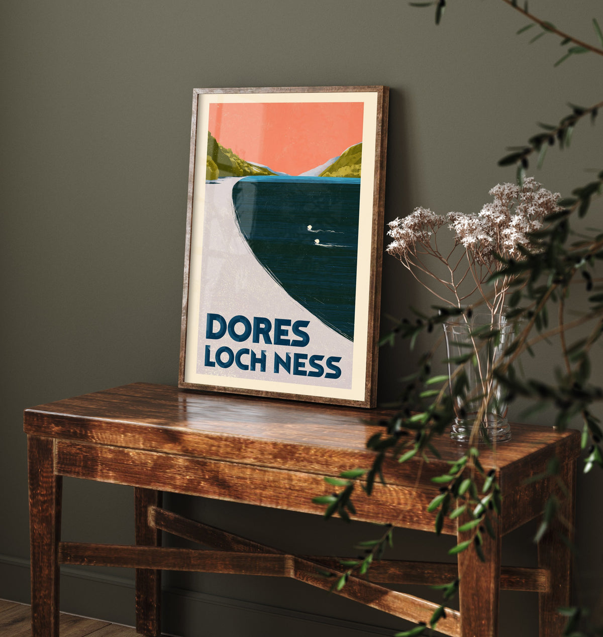 Dores, Loch Ness Wild Swimming Travel Poster - Scotland Art Print - Peach Sky Art Deco Illustration - Highlands Swim