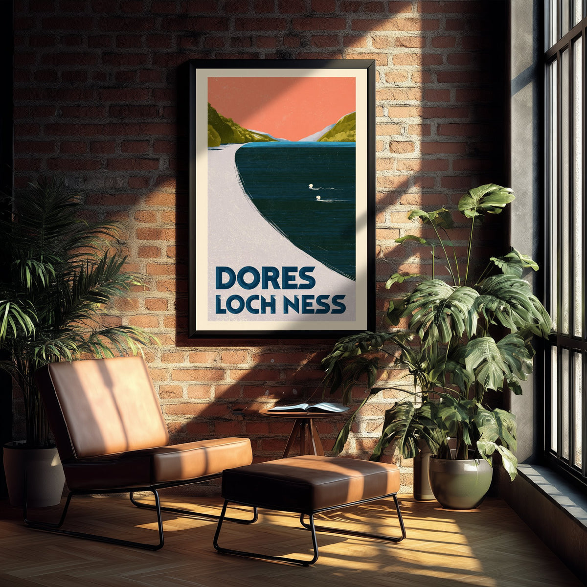 Dores, Loch Ness Wild Swimming Travel Poster - Scotland Art Print - Peach Sky Art Deco Illustration - Highlands Swim