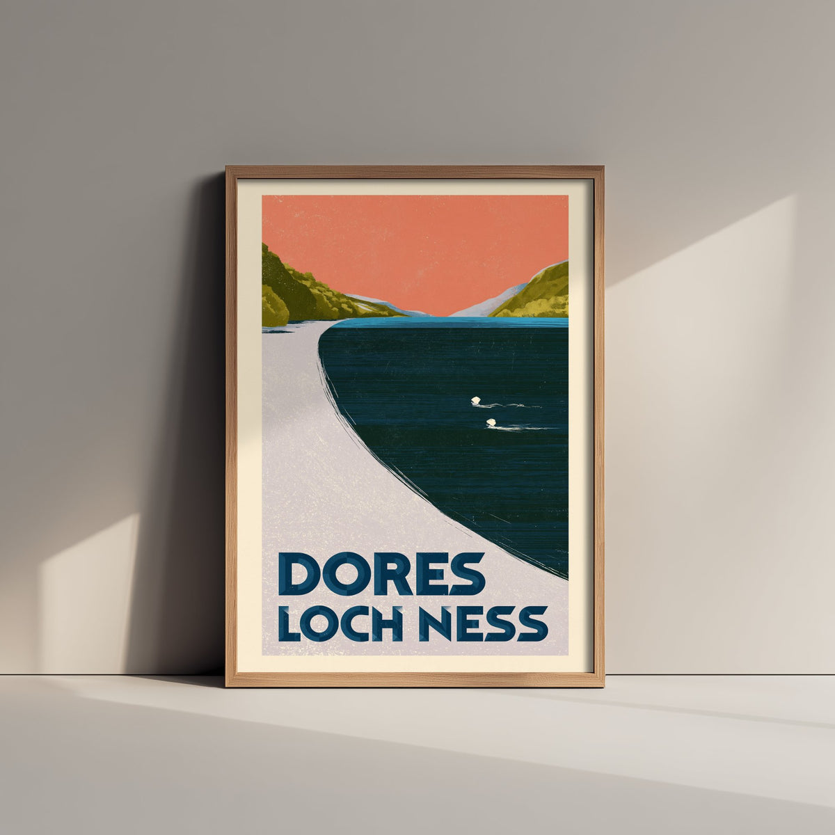 Dores, Loch Ness Wild Swimming Travel Poster - Scotland Art Print - Peach Sky Art Deco Illustration - Highlands Swim