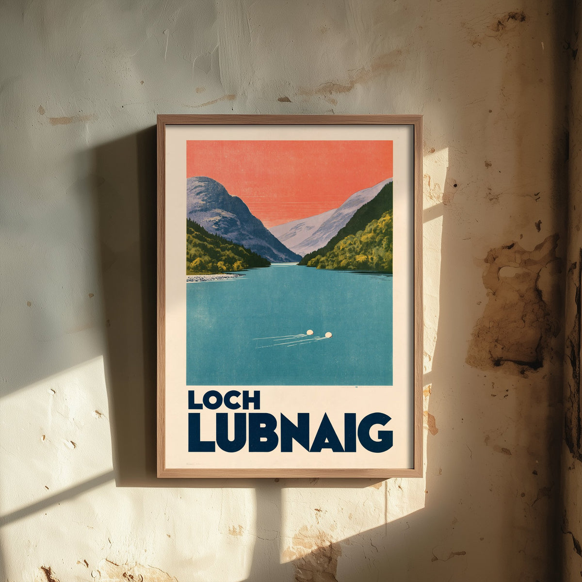 Loch Lubnaig Wild Swimming Travel Poster - Scotland Art Print - Peach Sky Art Deco Illustration - Trossachs Swim