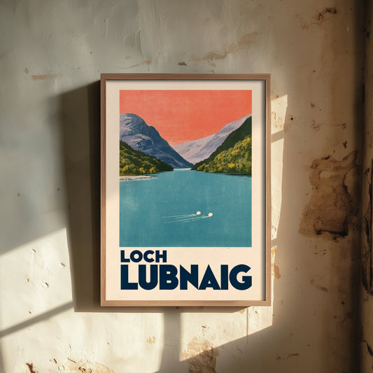 Loch Lubnaig Wild Swimming Travel Poster - Scotland Art Print - Peach Sky Art Deco Illustration - Trossachs Swim
