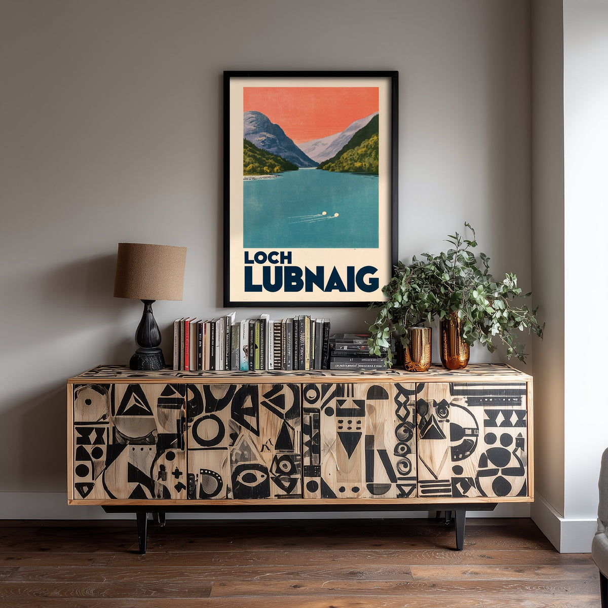 Loch Lubnaig Wild Swimming Travel Poster - Scotland Art Print - Peach Sky Art Deco Illustration - Trossachs Swim