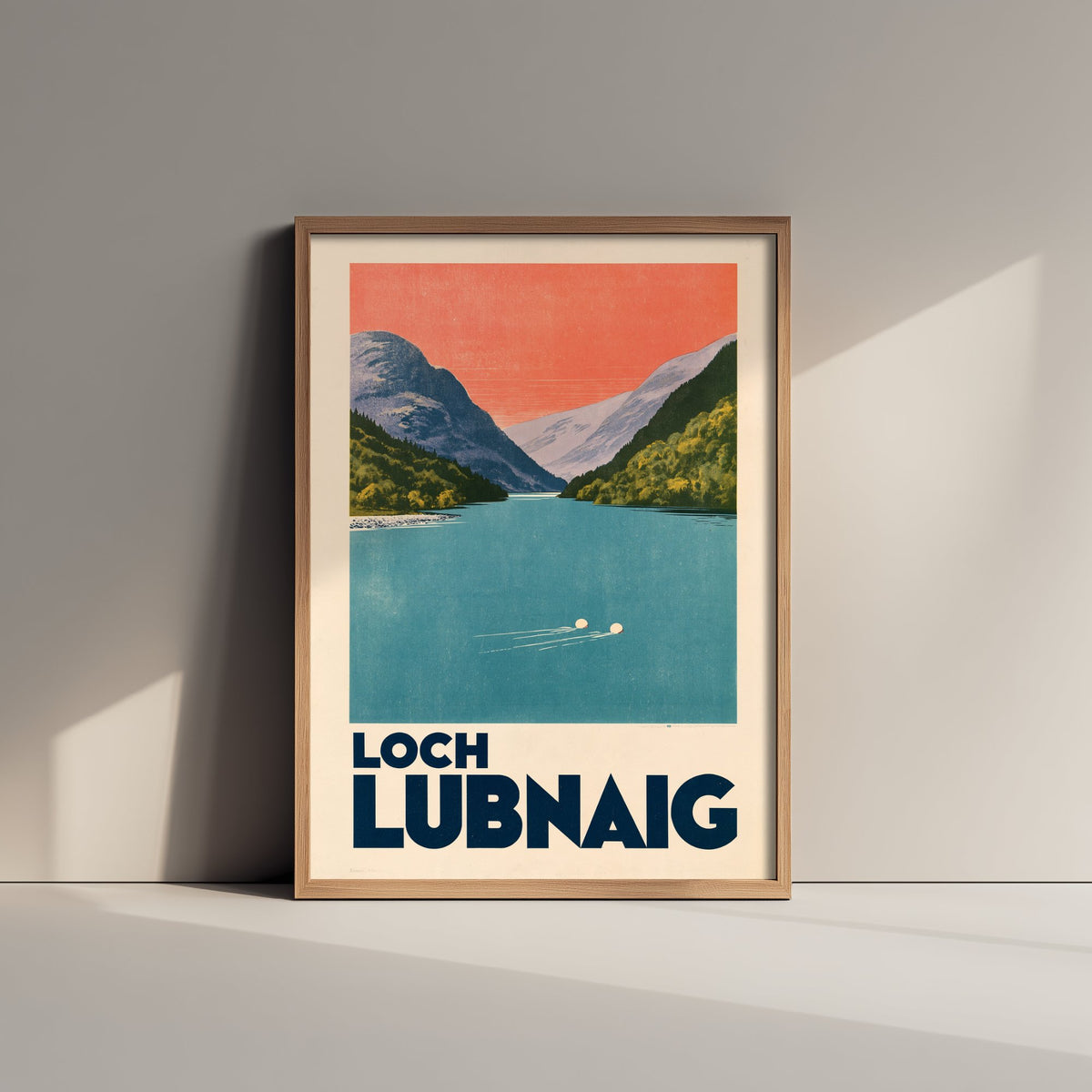 Loch Lubnaig Wild Swimming Travel Poster - Scotland Art Print - Peach Sky Art Deco Illustration - Trossachs Swim