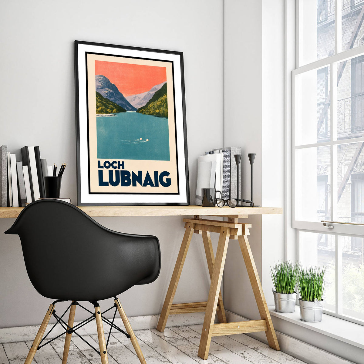 Loch Lubnaig Wild Swimming Travel Poster - Scotland Art Print - Peach Sky Art Deco Illustration - Trossachs Swim