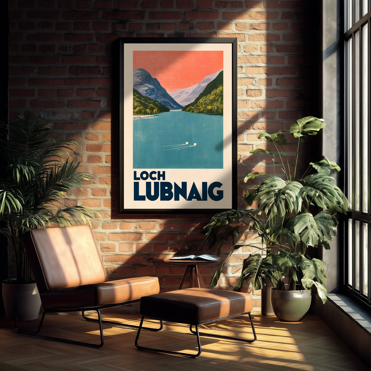 Loch Lubnaig Wild Swimming Travel Poster - Scotland Art Print - Peach Sky Art Deco Illustration - Trossachs Swim