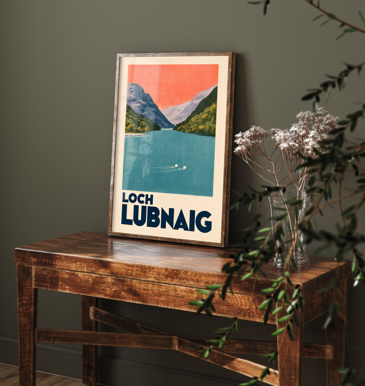 Loch Lubnaig Wild Swimming Travel Poster - Scotland Art Print - Peach Sky Art Deco Illustration - Trossachs Swim