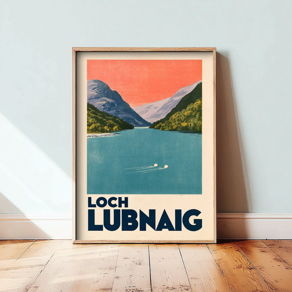 Loch Lubnaig Wild Swimming Travel Poster - Scotland Art Print - Peach Sky Art Deco Illustration - Trossachs Swim