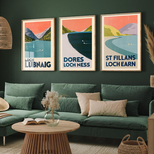Scotland Wild Swimming Set of Three Art Prints - Loch Lubnaig, Dores Loch Ness, St Fillans Loch Earn - Peach Art Deco Poster Illustration V1